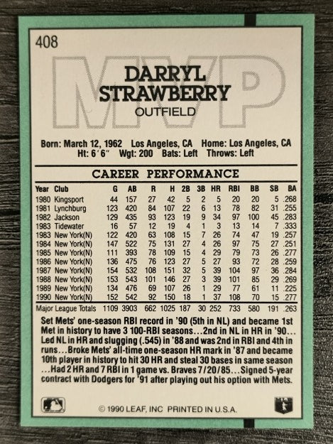 1991 Donruss #408 D. Strawberry MVP