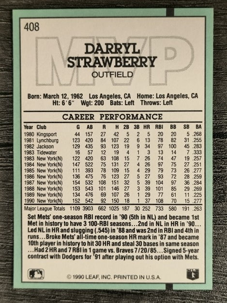 1991 Donruss #408 D. Strawberry MVP