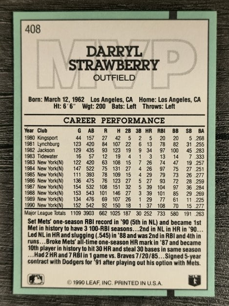 1991 Donruss #408 D. Strawberry MVP