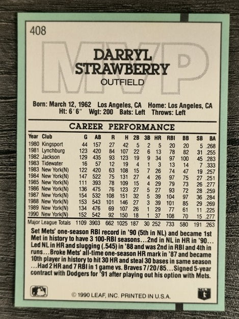 1991 Donruss #408 D. Strawberry MVP