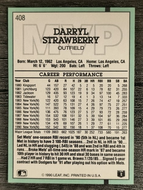 1991 Donruss #408 D. Strawberry MVP
