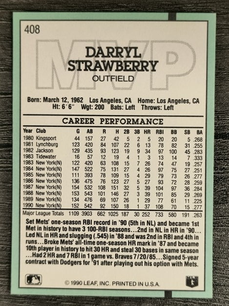 1991 Donruss #408 D. Strawberry MVP