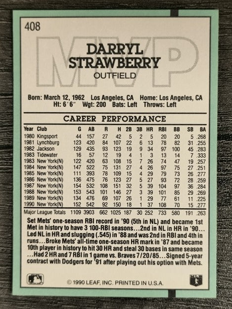 1991 Donruss #408 D. Strawberry MVP