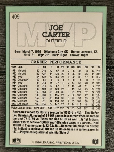 1991 Donruss #409 Joe Carter MVP