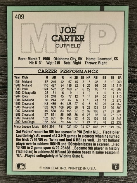 1991 Donruss #409 Joe Carter MVP