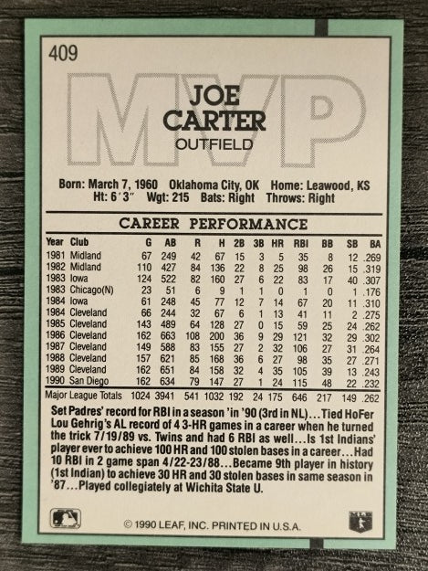1991 Donruss #409 Joe Carter MVP