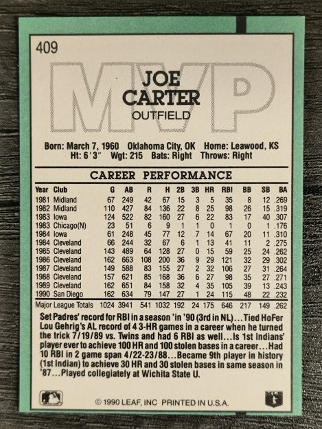 1991 Donruss #409 Joe Carter MVP