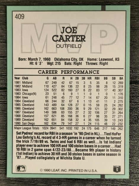 1991 Donruss #409 Joe Carter MVP