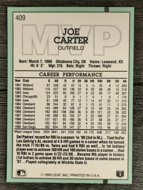 1991 Donruss #409 Joe Carter MVP