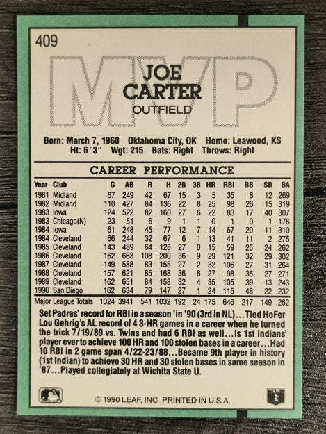 1991 Donruss #409 Joe Carter MVP