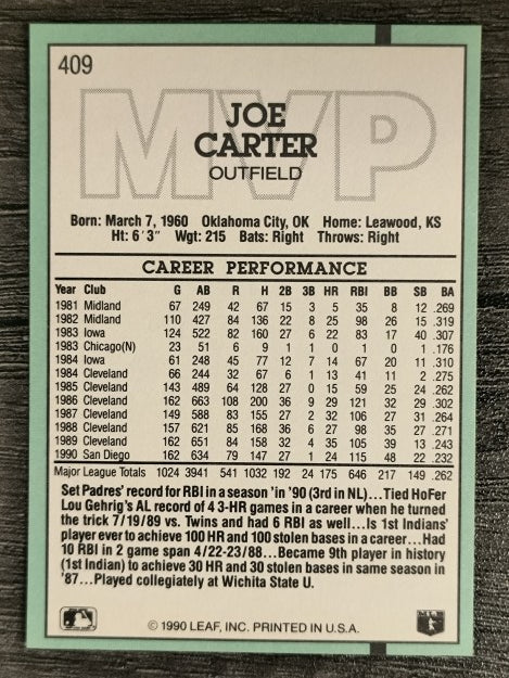 1991 Donruss #409 Joe Carter MVP