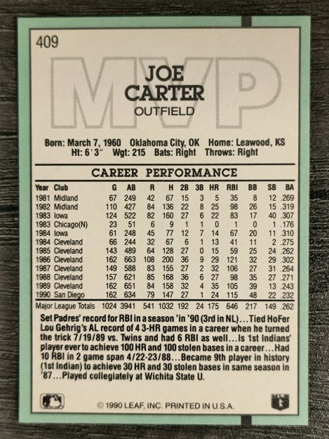 1991 Donruss #409 Joe Carter MVP