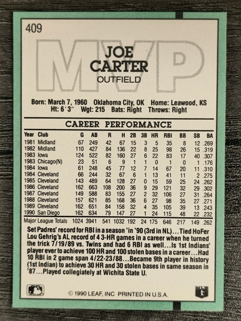 1991 Donruss #409 Joe Carter MVP