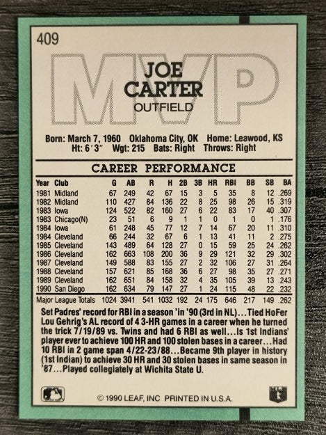 1991 Donruss #409 Joe Carter MVP