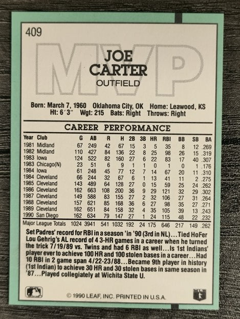 1991 Donruss #409 Joe Carter MVP
