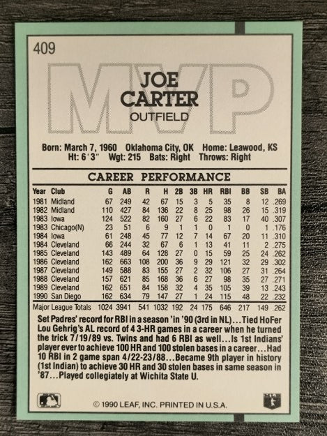 1991 Donruss #409 Joe Carter MVP