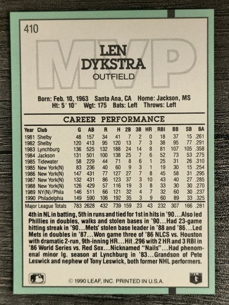 1991 Donruss #410 Len Dykstra MVP