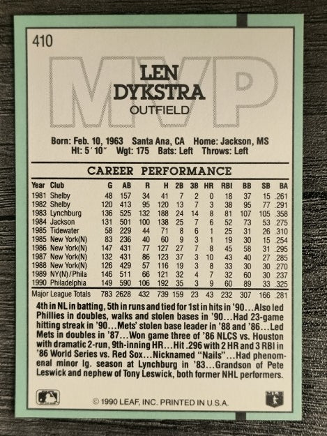 1991 Donruss #410 Len Dykstra MVP