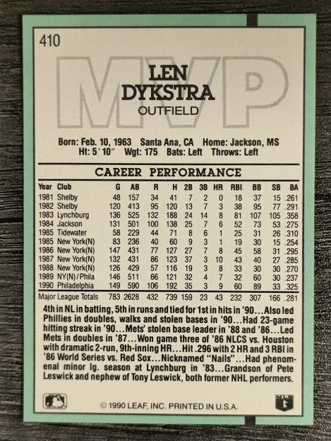 1991 Donruss #410 Len Dykstra MVP