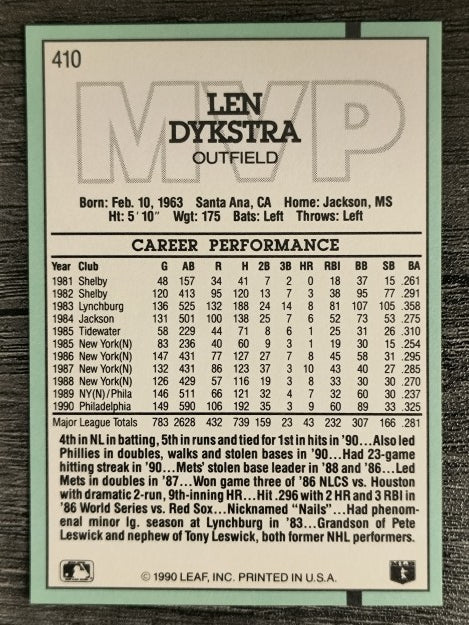 1991 Donruss #410 Len Dykstra MVP