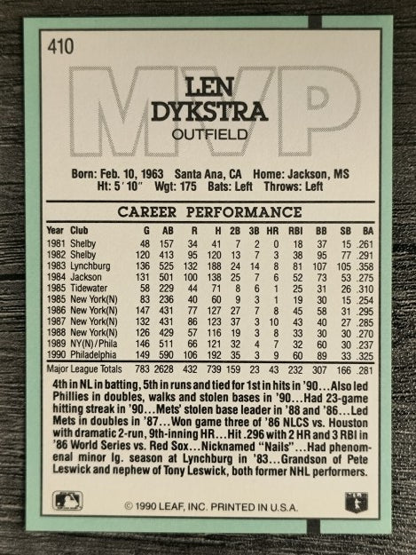 1991 Donruss #410 Len Dykstra MVP