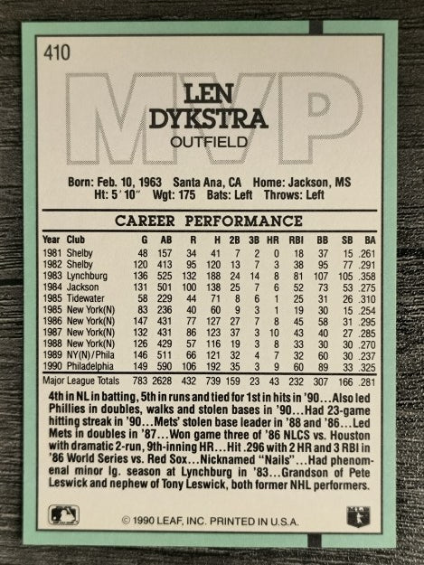 1991 Donruss #410 Len Dykstra MVP
