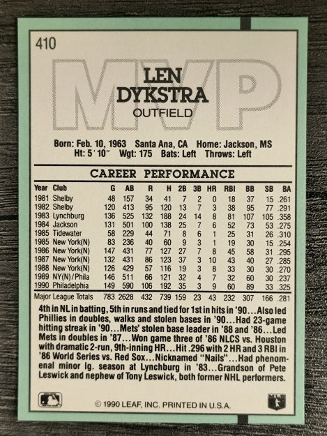 1991 Donruss #410 Len Dykstra MVP