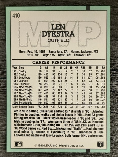1991 Donruss #410 Len Dykstra MVP