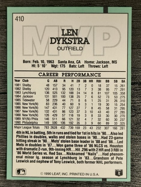 1991 Donruss #410 Len Dykstra MVP