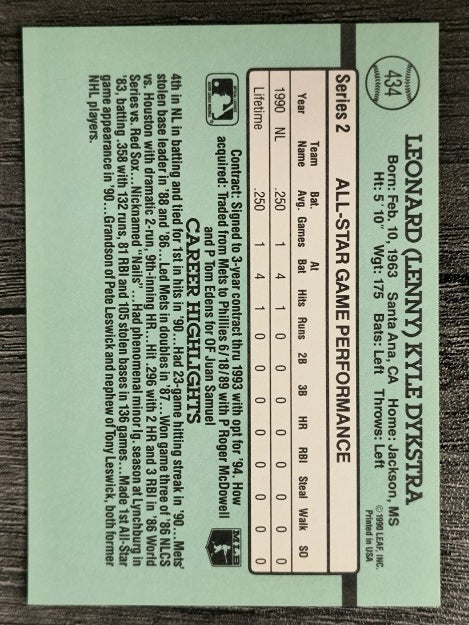 1991 Donruss #434 Len Dykstra AS
