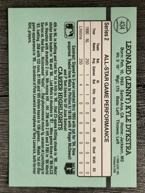 1991 Donruss #434 Len Dykstra AS