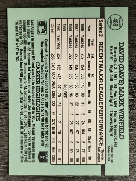 1991 Donruss #468 Dave Winfield