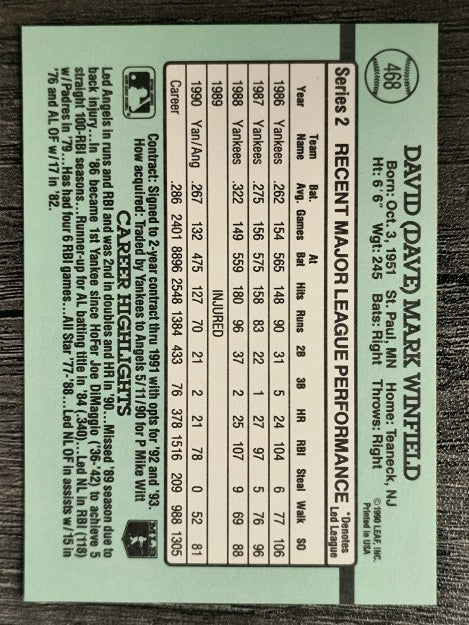 1991 Donruss #468 Dave Winfield