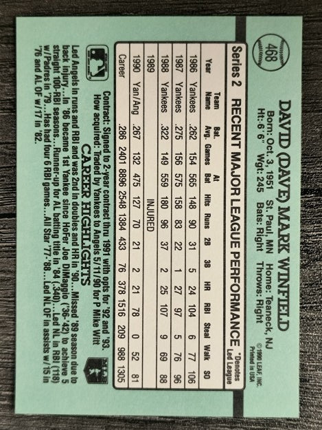 1991 Donruss #468 Dave Winfield