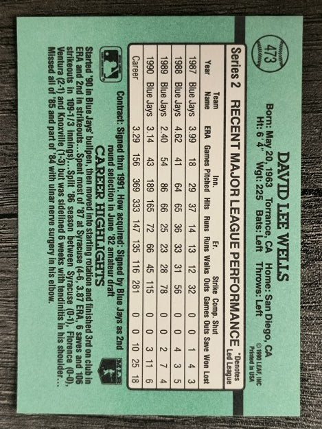 1991 Donruss #473 David Wells