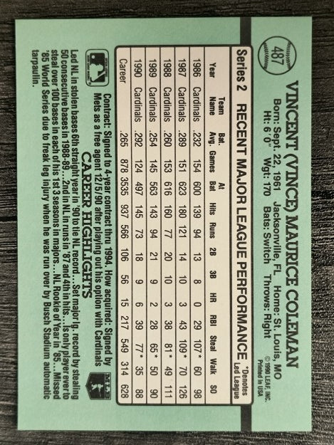 1991 Donruss #487 Vince Coleman