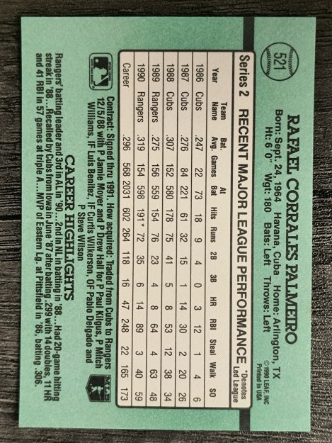 1991 Donruss #521 Rafael Palmeiro