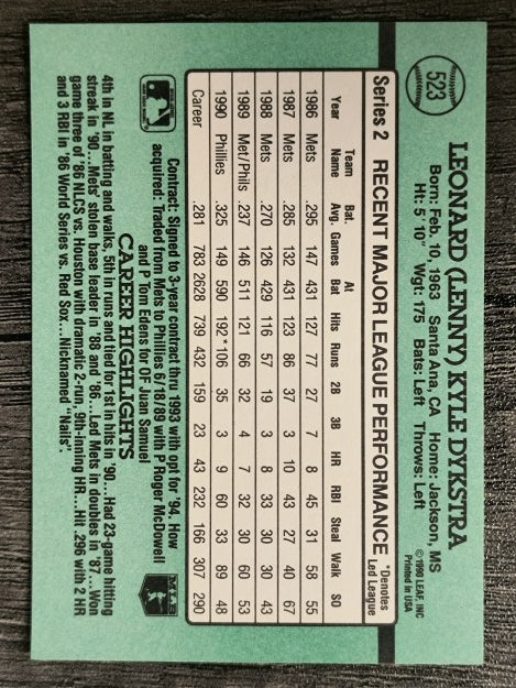 1991 Donruss #523 Len Dykstra