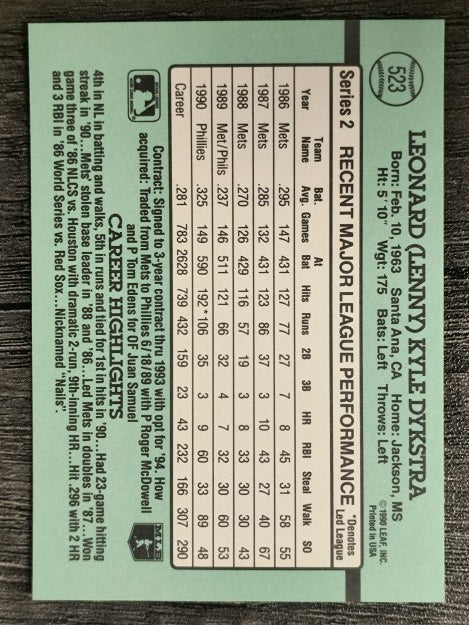 1991 Donruss #523 Len Dykstra