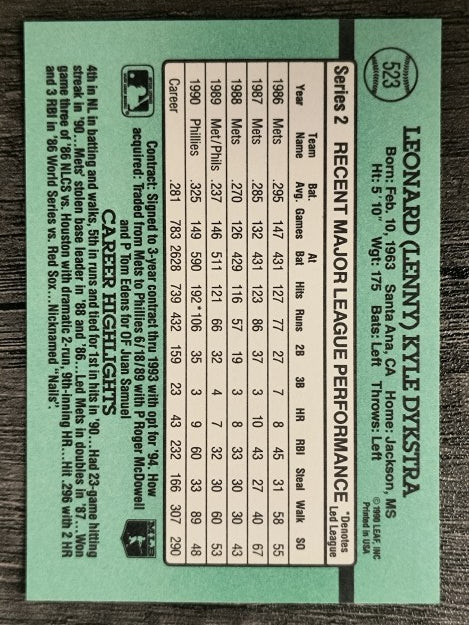 1991 Donruss #523 Len Dykstra