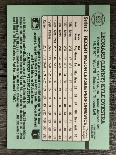 1991 Donruss #523 Len Dykstra