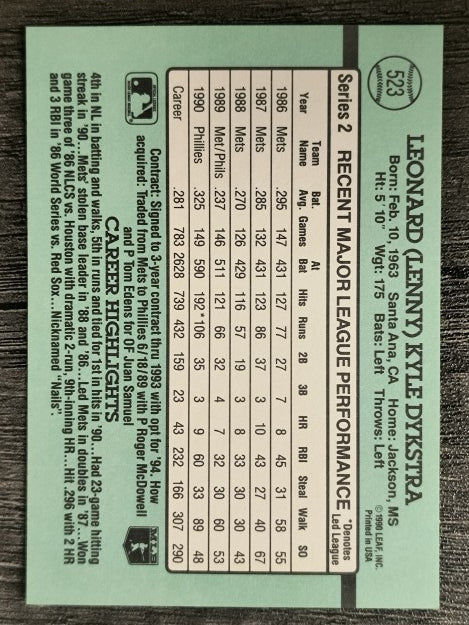 1991 Donruss #523 Len Dykstra