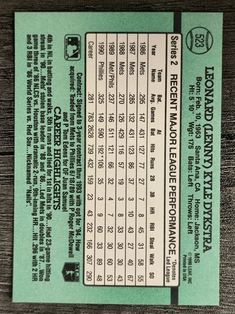 1991 Donruss #523 Len Dykstra