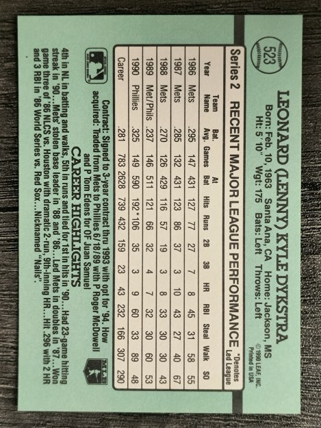 1991 Donruss #523 Len Dykstra