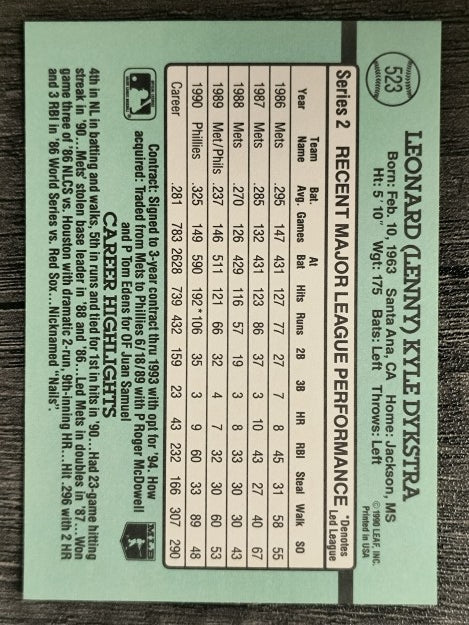 1991 Donruss #523 Len Dykstra