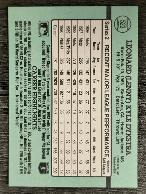 1991 Donruss #523 Len Dykstra