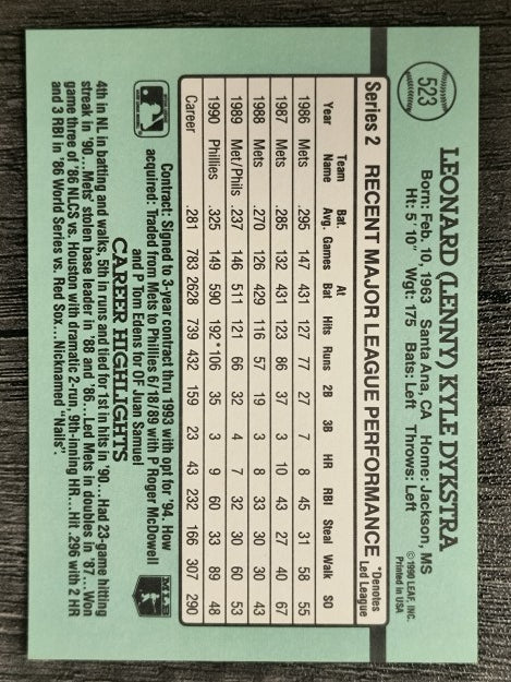 1991 Donruss #523 Len Dykstra
