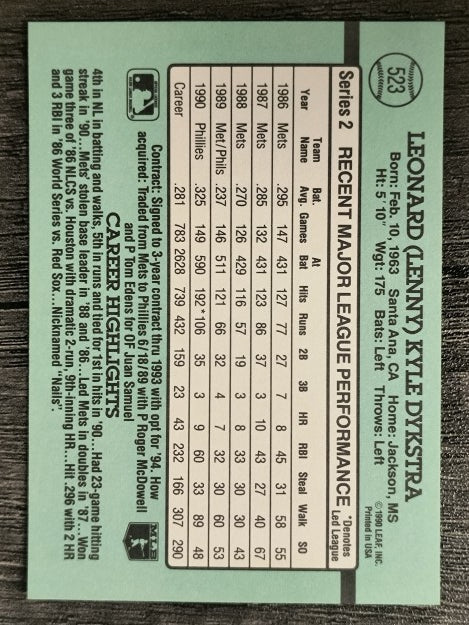 1991 Donruss #523 Len Dykstra