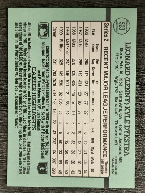 1991 Donruss #523 Len Dykstra