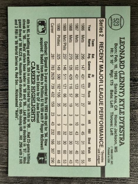 1991 Donruss #523 Len Dykstra